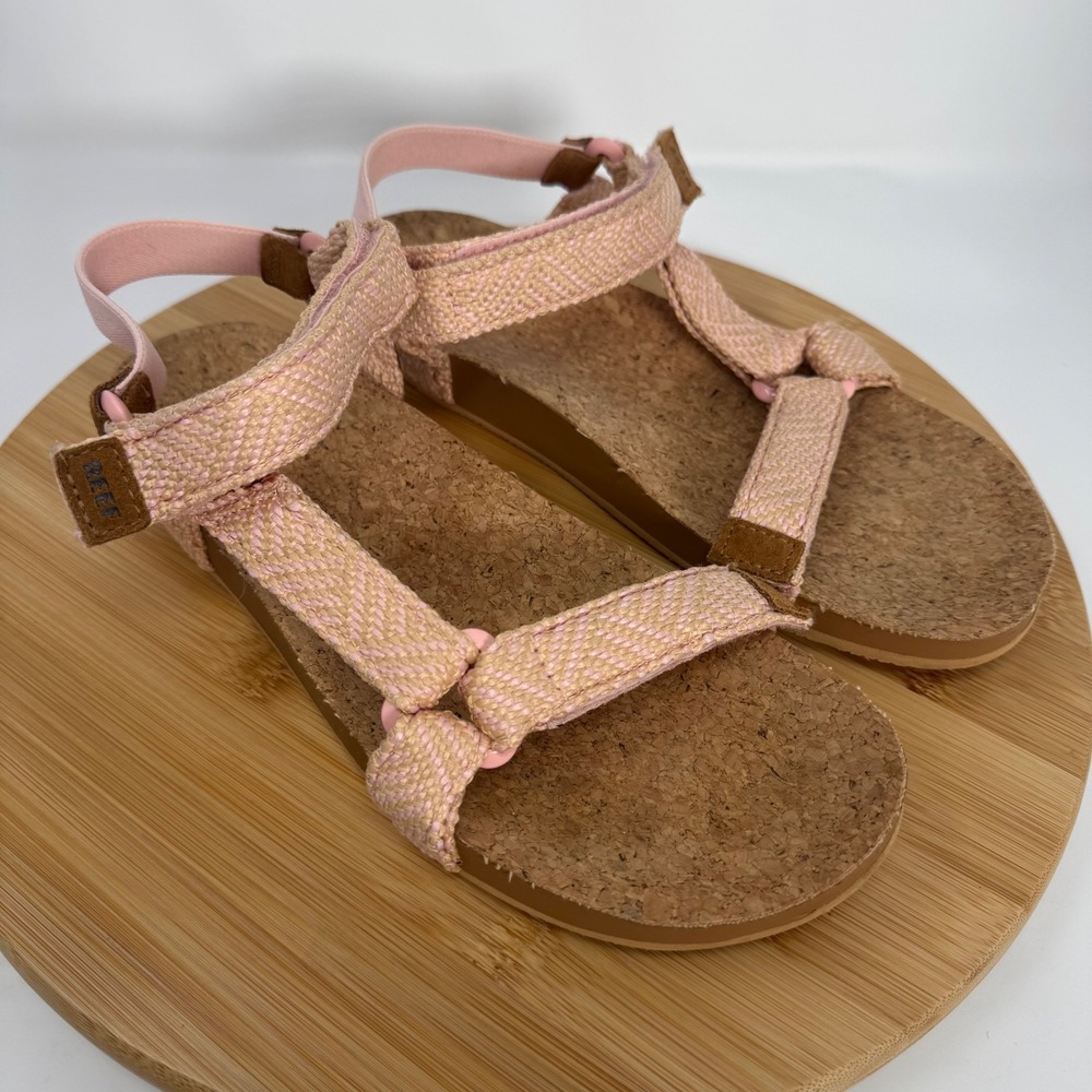 Reef Cushion Rem Pink‎ Tan Woven Strappy Cork Footbed Sandals Womens 9 D-22 JHV